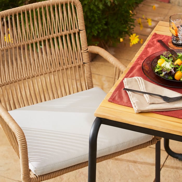 Samanta stackable chair made from beige cord and galvanised