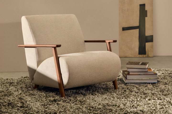 Meghan armchair in grey chenille and wood with wenge finish | Kave