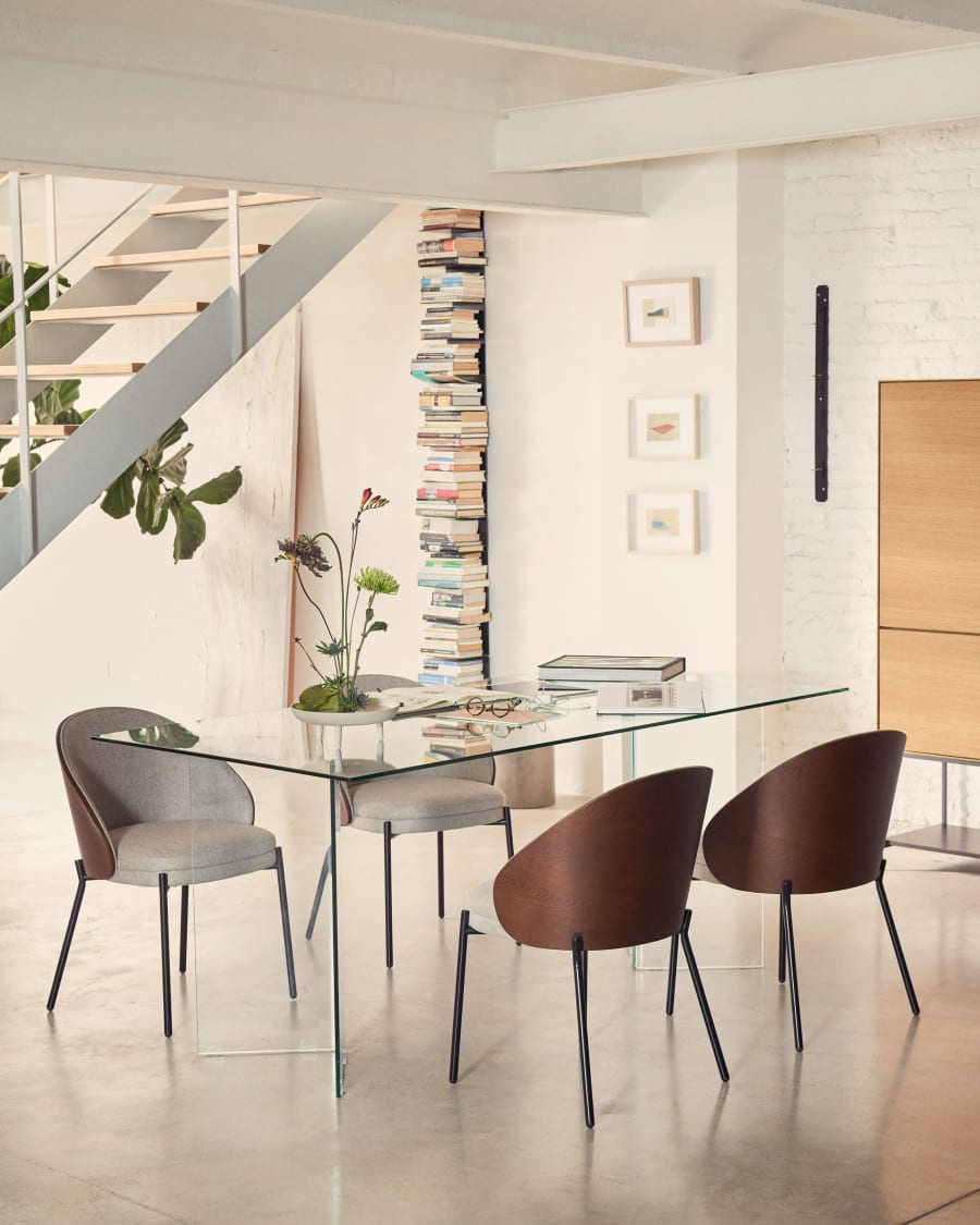 Eamy chair light brown chenille and ash wood veneer with a wenge finish and black metal