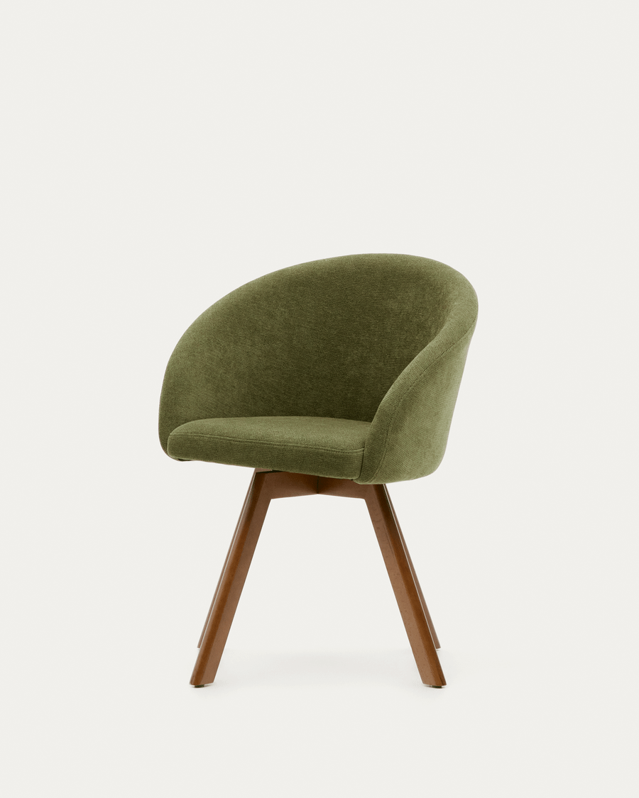 Marvin green chenille swivel chair with solid beech wood legs with a walnut finish FSC 100%