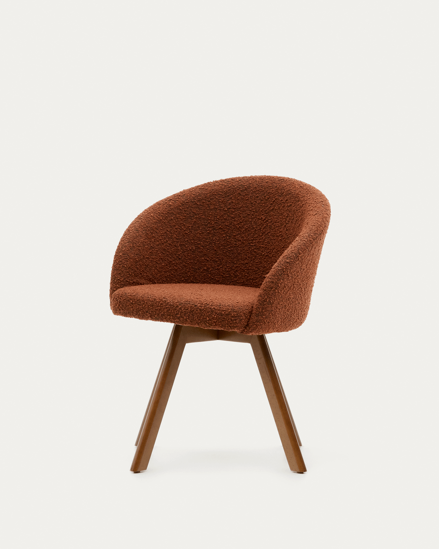 Marvin brown bouclé swivel chair with solid beech wood legs in a walnut finish