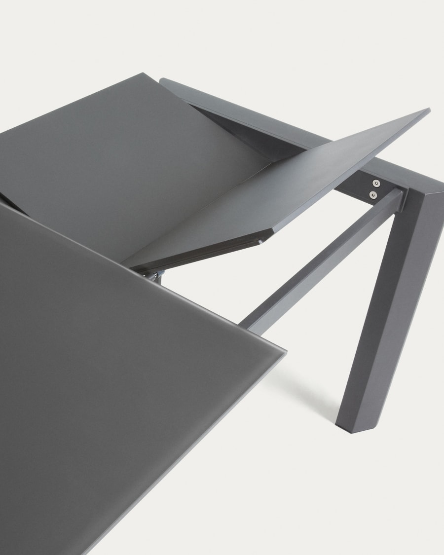 Axis Ausziehtisch aus Glas grau und Stahlbeine mit Finish in Dunkelgrau 160 (220) cm