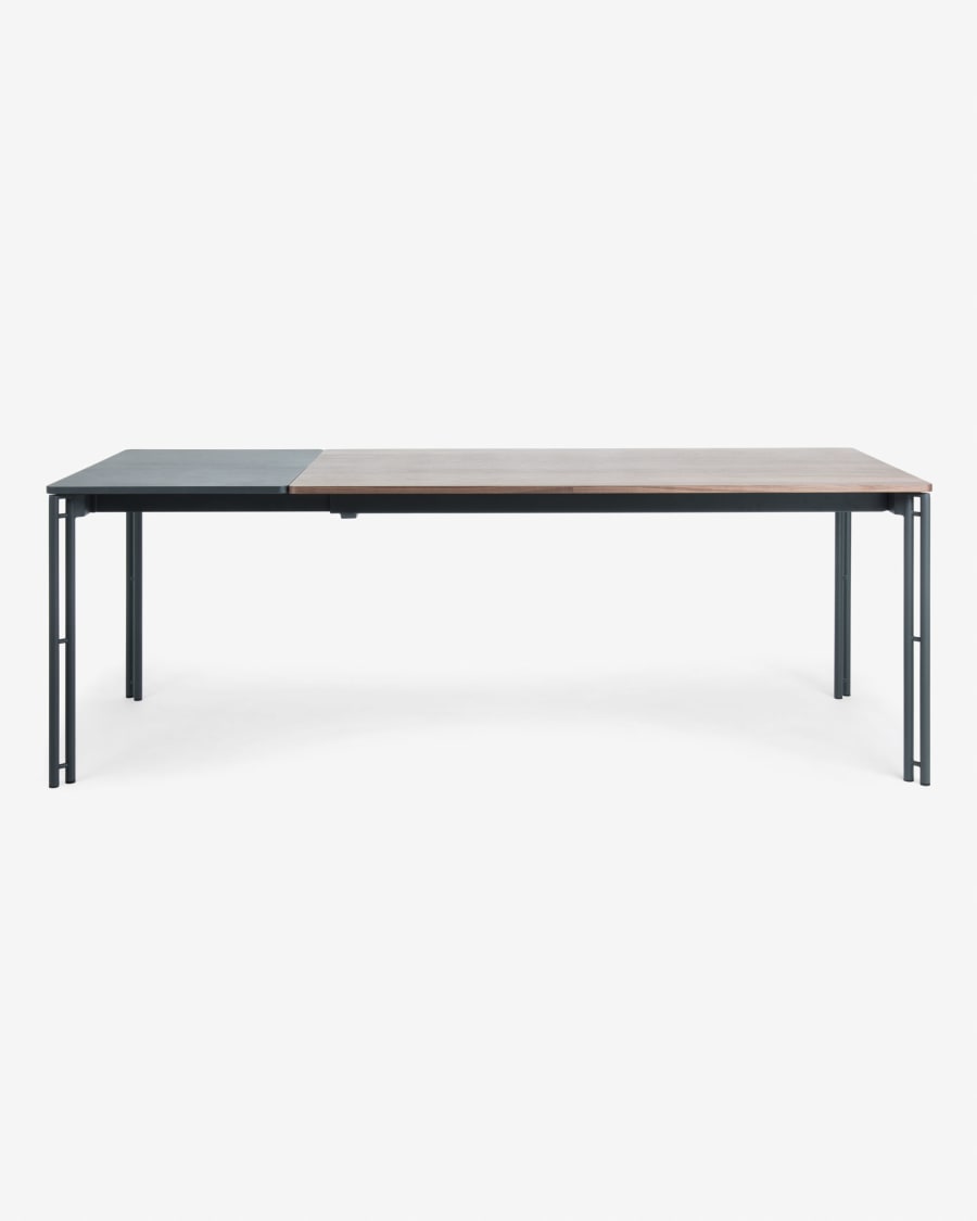 Kesia walnut veneer extendable table and steel legs in a black finish, 160 (220) x 90 cm