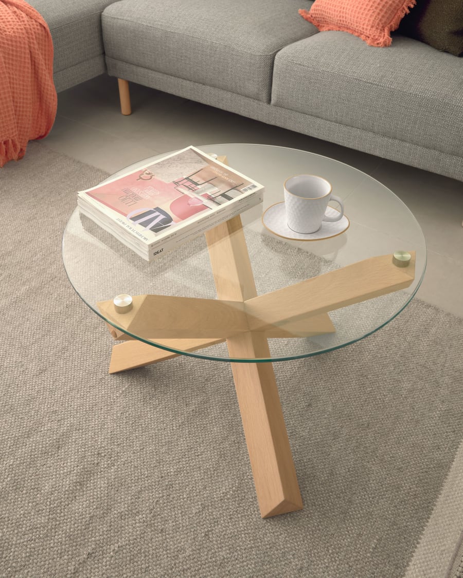 Lotus Glass Top Coffee Table With Solid Oak Wood Legs 65 Cm Kave Lotus Glass Top Coffee Table With Solid Oak Wood Legs 65 Cm Kave