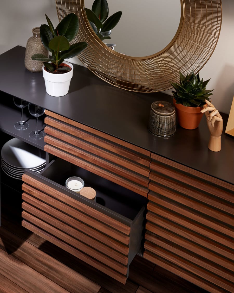 Kesia 2 door sideboard in walnut veneer with black lacquer & black steel, 162 x 74 cm
