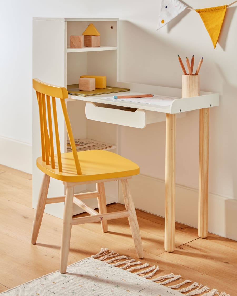 Desk with Dorotea shelf unit in white MDF and with natural FSC pine legs