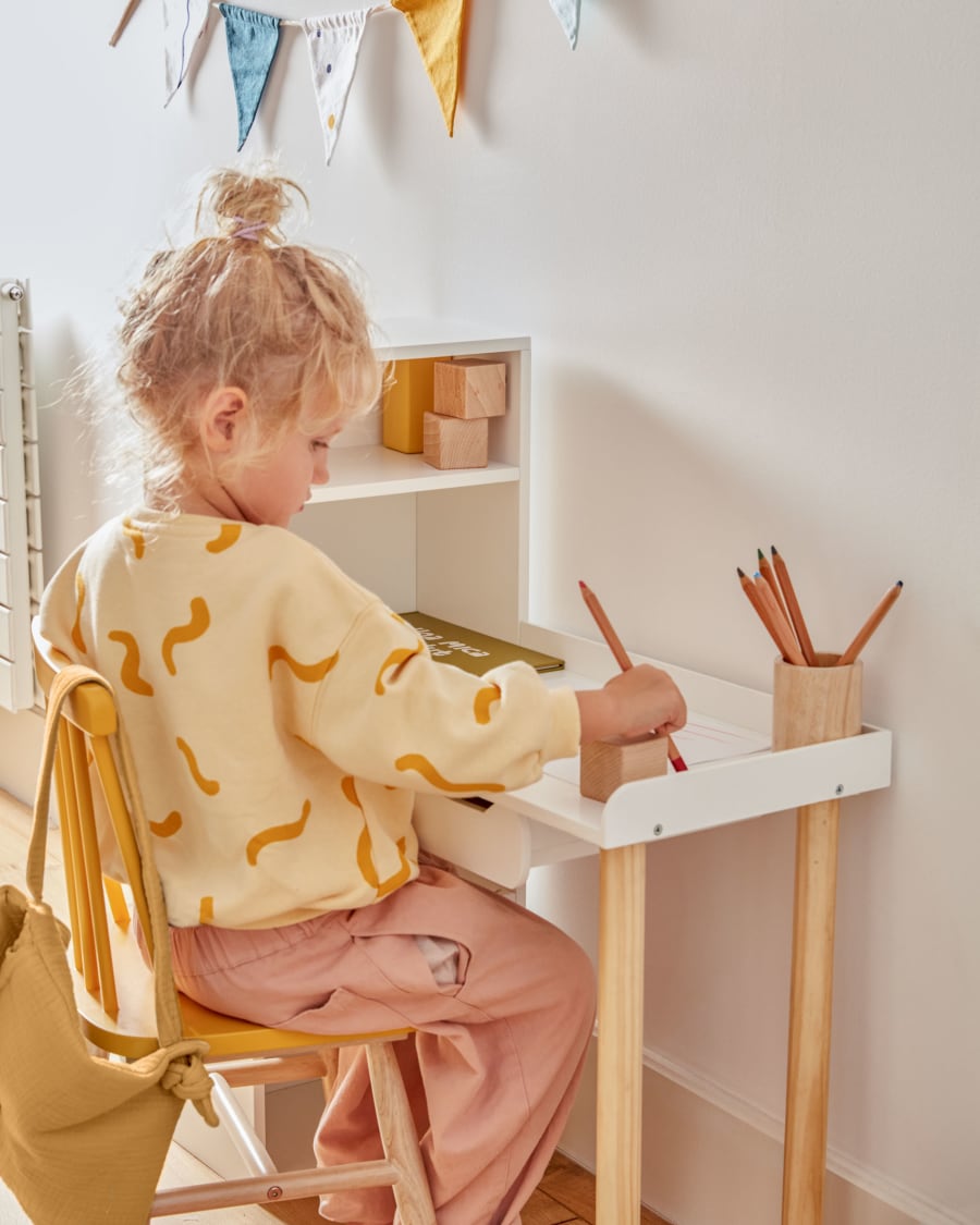 Desk with Dorotea shelf unit in white MDF and with natural FSC pine legs