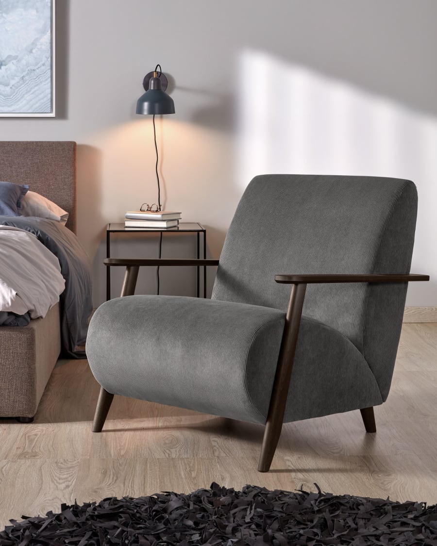 Meghan armchair in dark grey corduroy with solid ash legs with wenge finish
