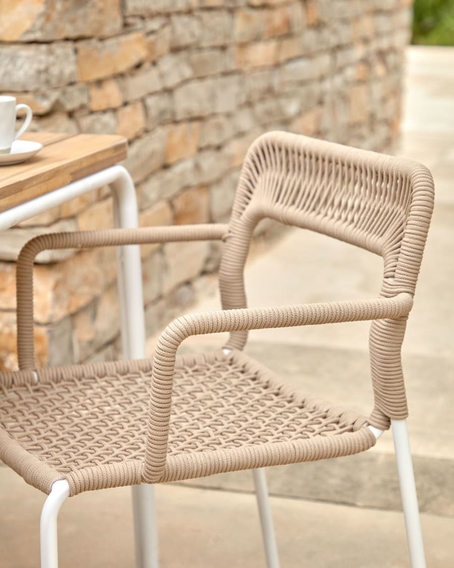 Cailin stackable chair in beige cord with galvanised steel legs painted white