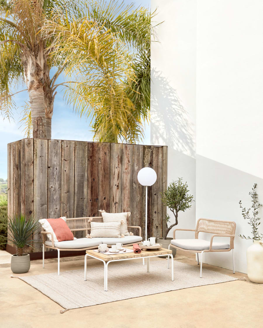 Cailin armchair in beige cord with galvanised steel legs painted white