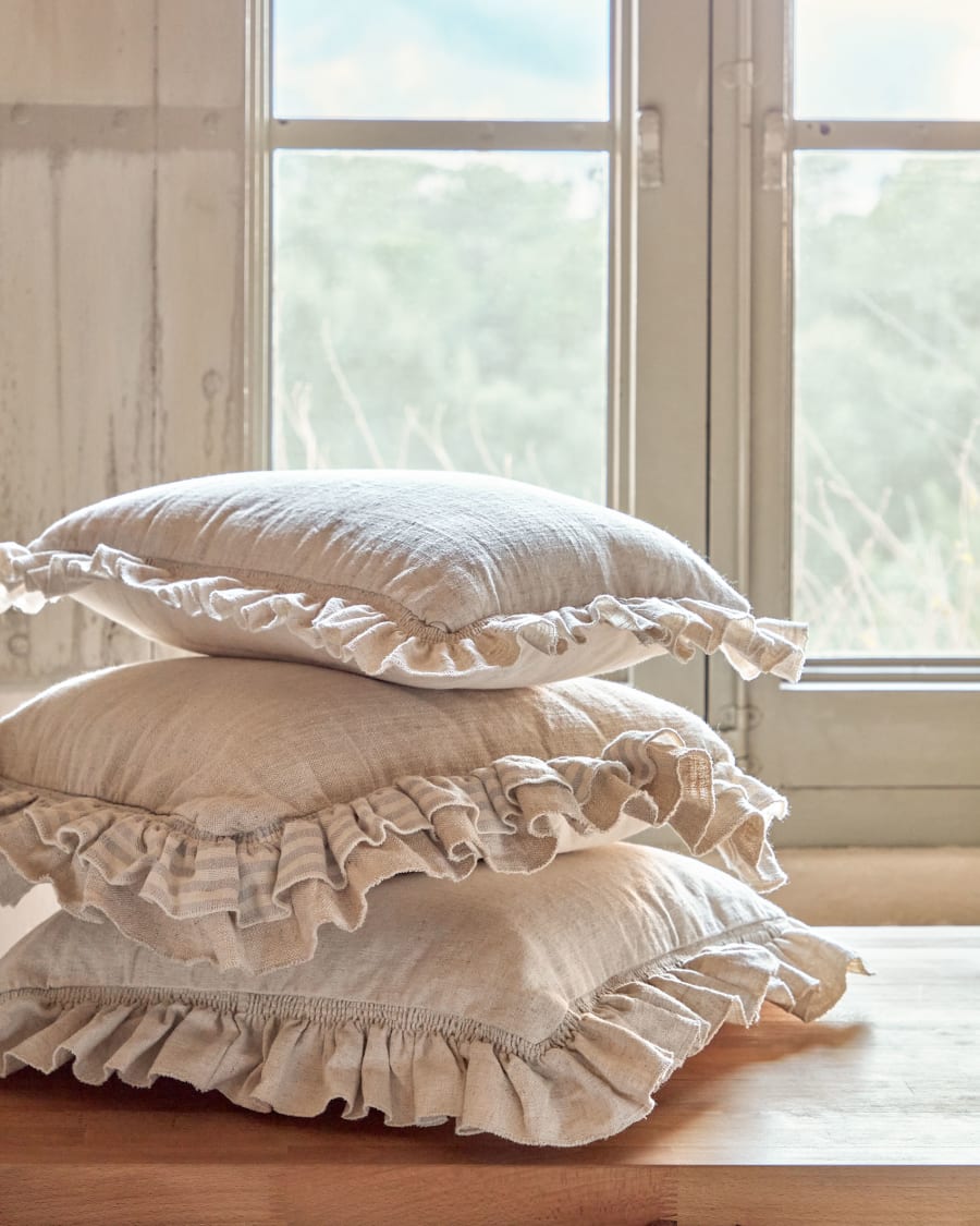 Deva natural linen cushion cover with beige striped border 45 x 45 cm