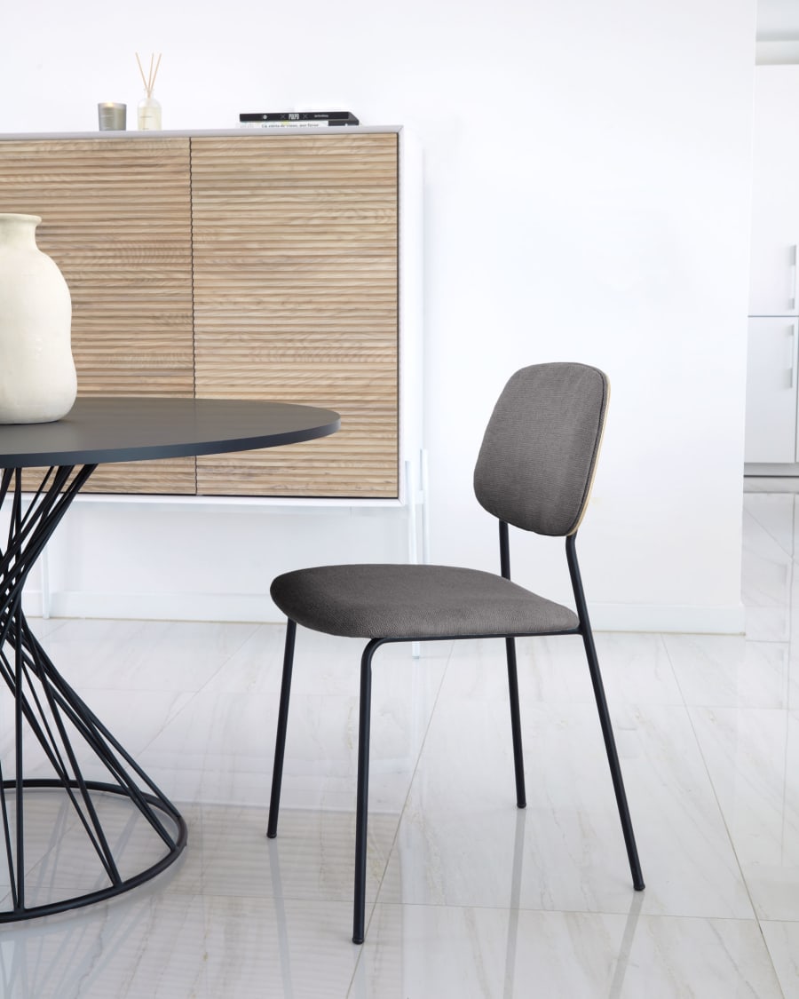 Benilda dark grey stackable chair with oak veneer and steel in black FSC Mix Credit