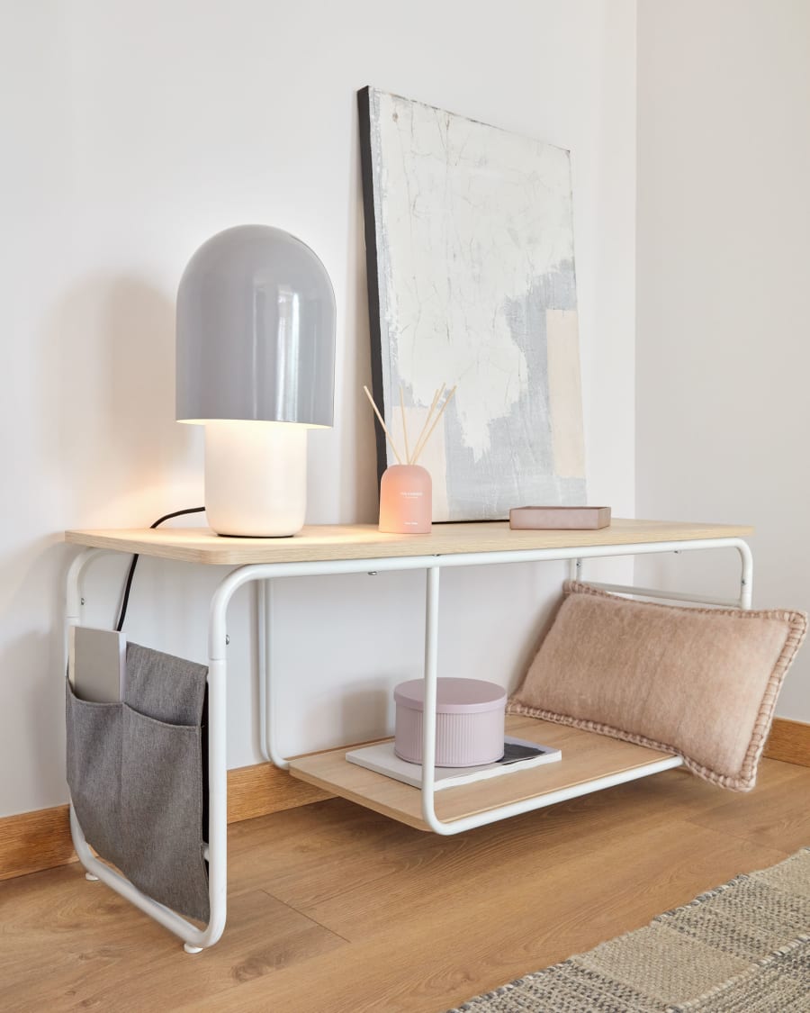 Yamina melamine TV stand with steel in a white finish, 110 x 46 cm
