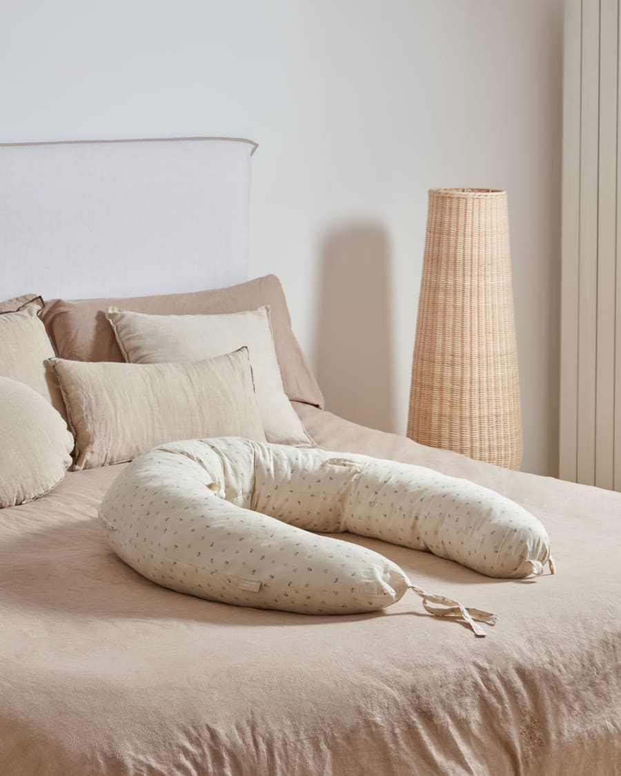 Yamile nursing pillow 100% organic cotton (GOTS) in beige with multicoloured leaves