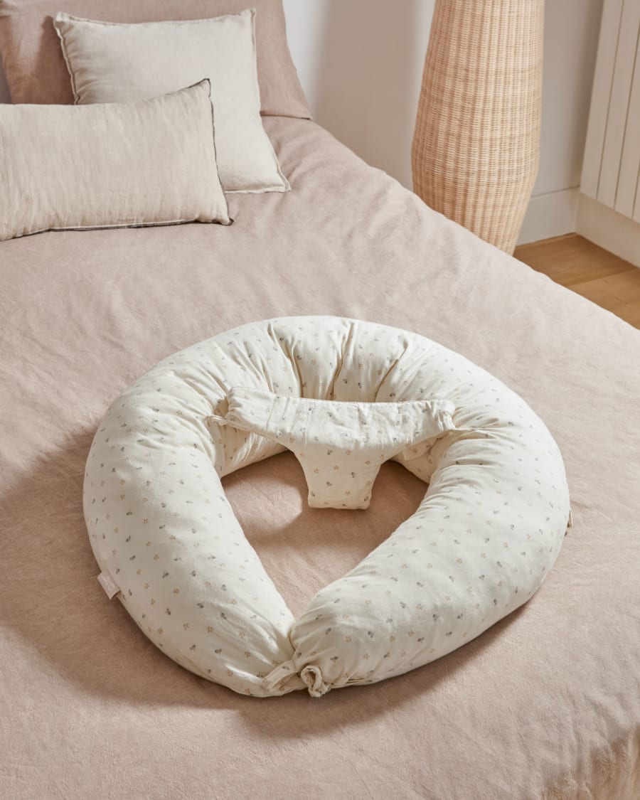 Yamile nursing pillow 100% organic cotton (GOTS) in beige with multicoloured leaves