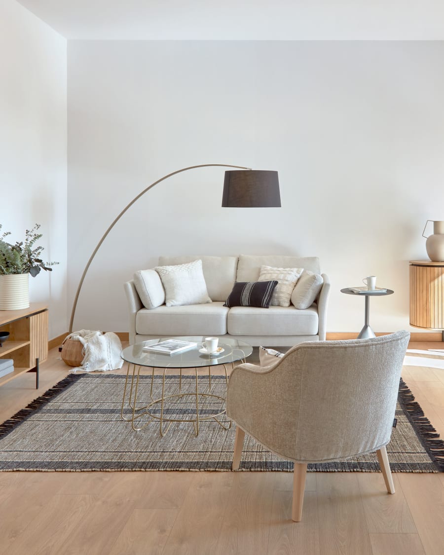 Bobly armchair in beige chenille with wooden legs with natural finish