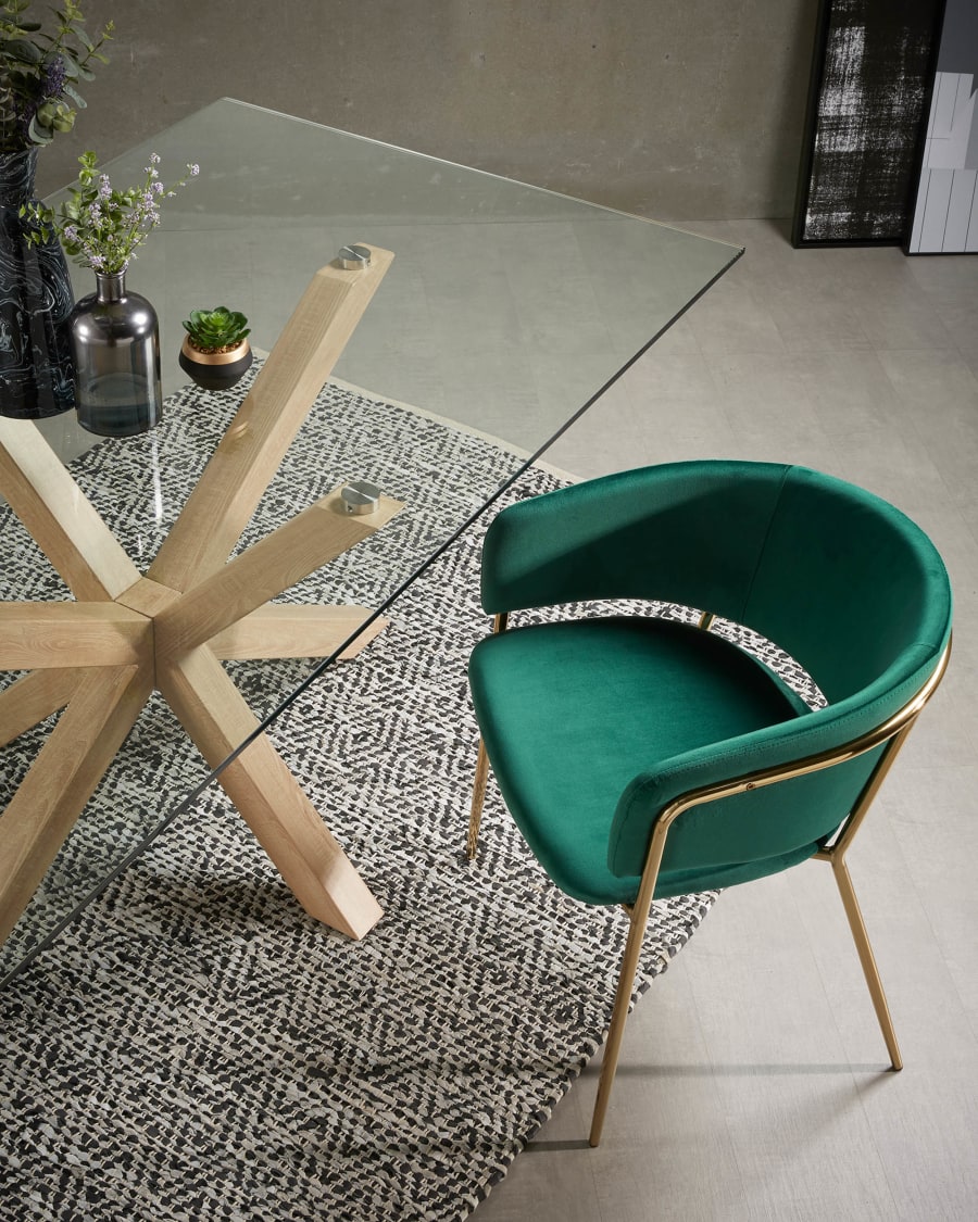 Runnie green velvet chair with steel legs and gold finish