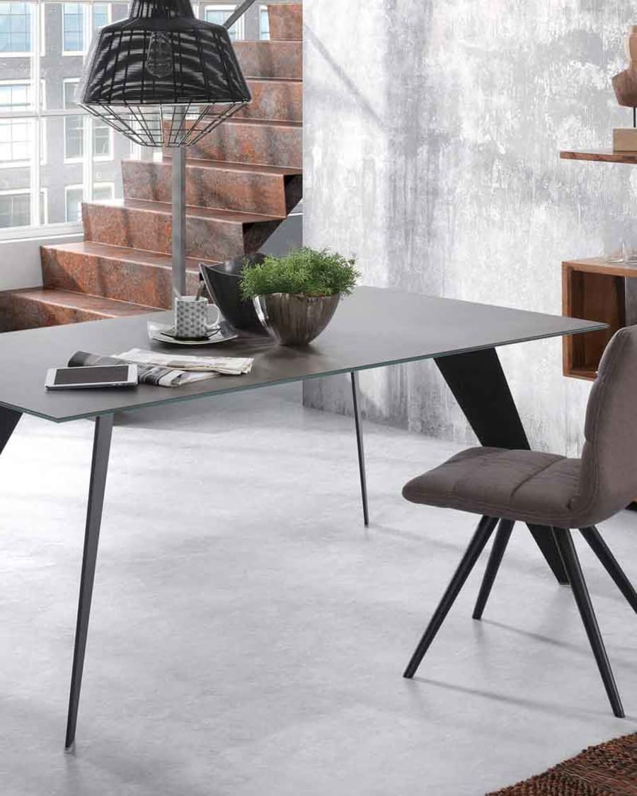 Koda ceramic table with Iron Moss finish and steel legs with black finish 160 x 90 cm