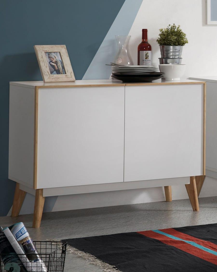 Melan solid rubber wood sideboard with 2 doors in white lacquer, 90 x 72 cm