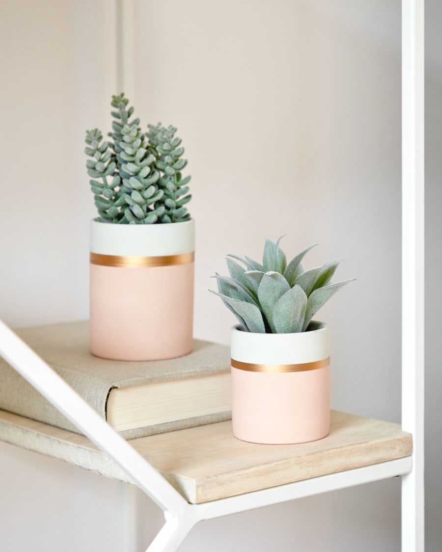 Artificial Sedum lucidum plant in pink ceramic pot