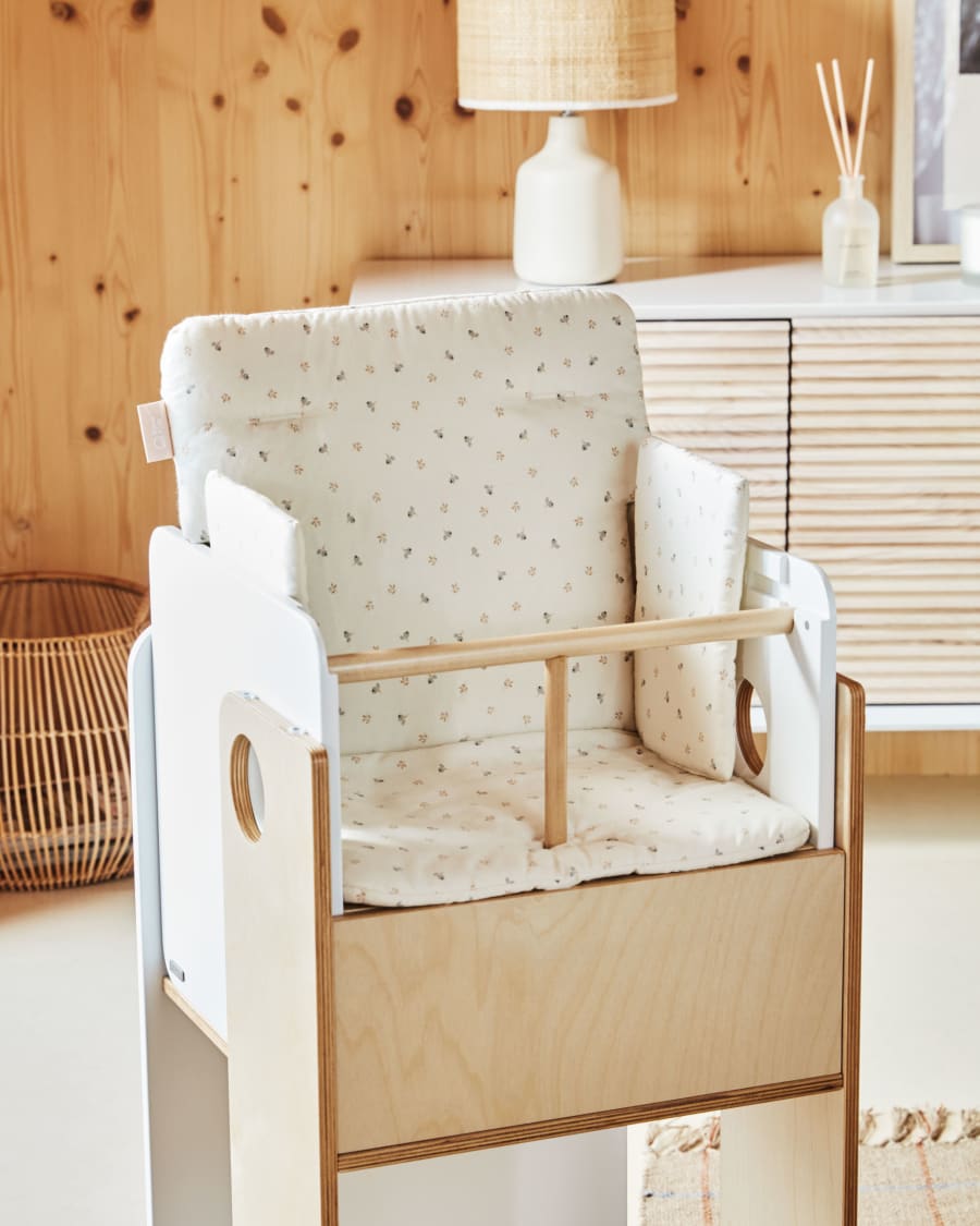 Yamile highchair cushion 100% organic cotton (GOTS) in beige with multicoloured leaves