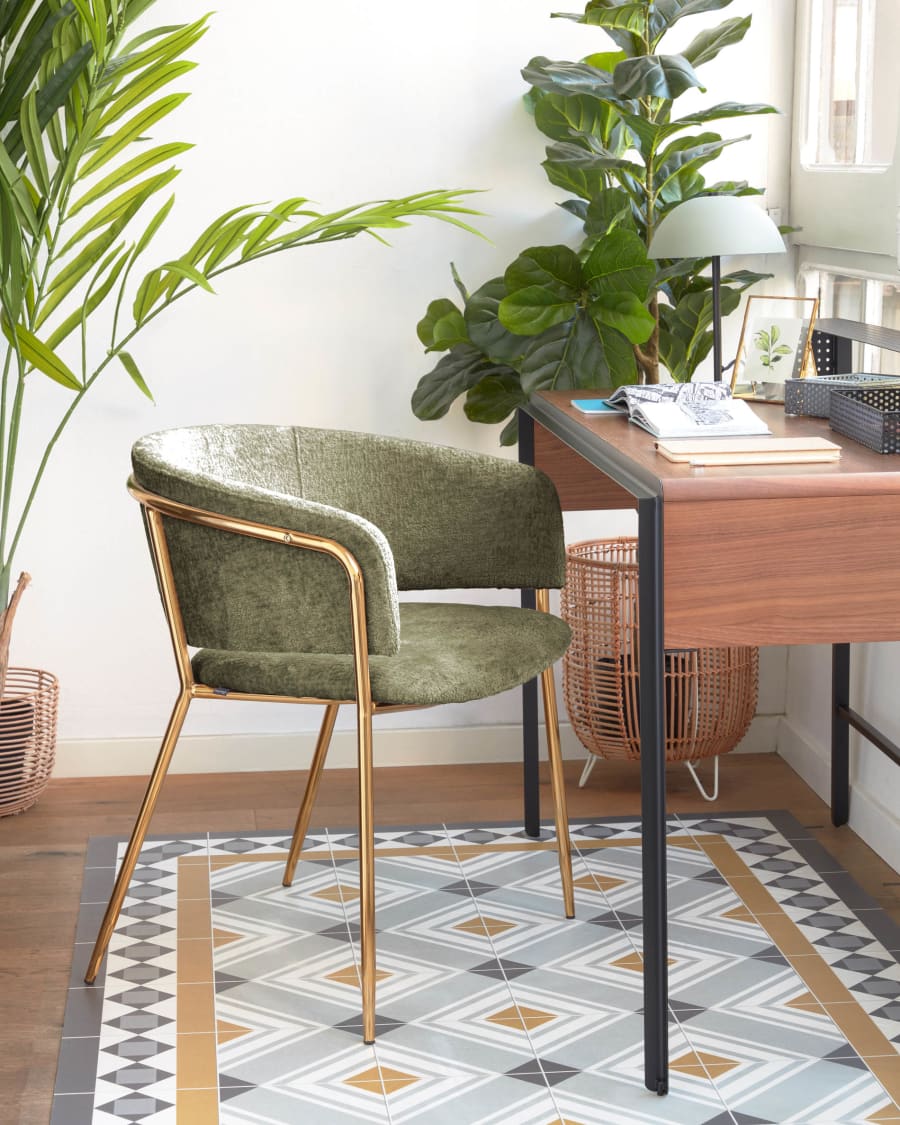 Runnie chair in dark green chenille with steel legs and gold finish