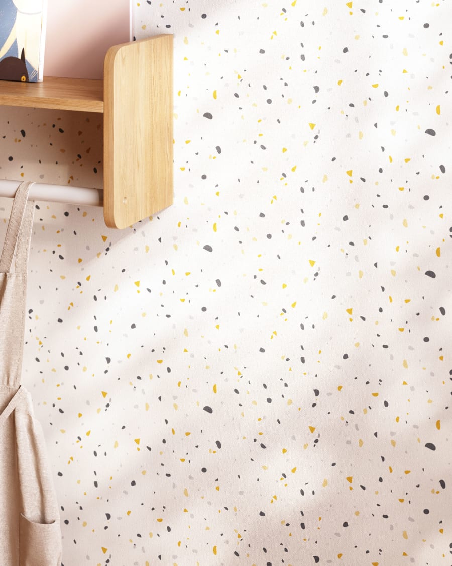 Nerta white wallpaper with blue and mustard terrazzo print 10 x 0.53 m FSC MIX Credit