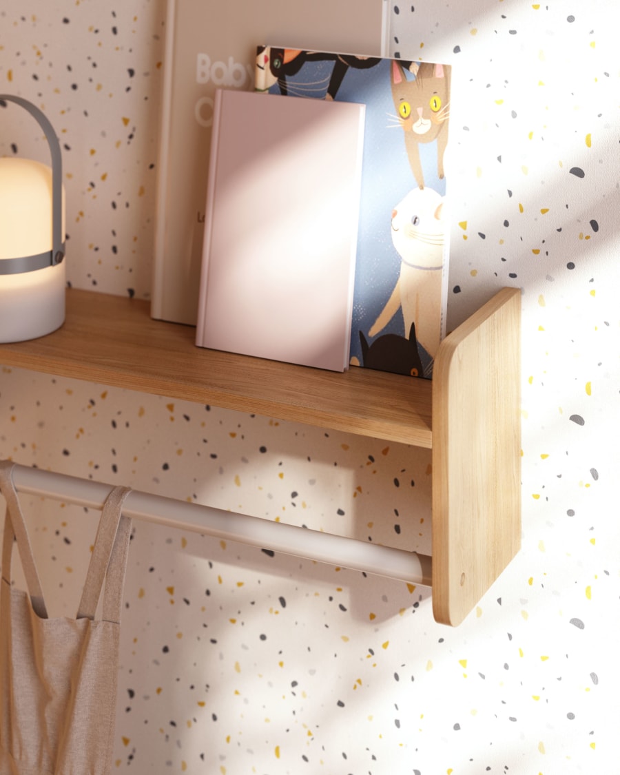 Florentina shelf with hangers in solid natural pine and white MDF 52.5 cm