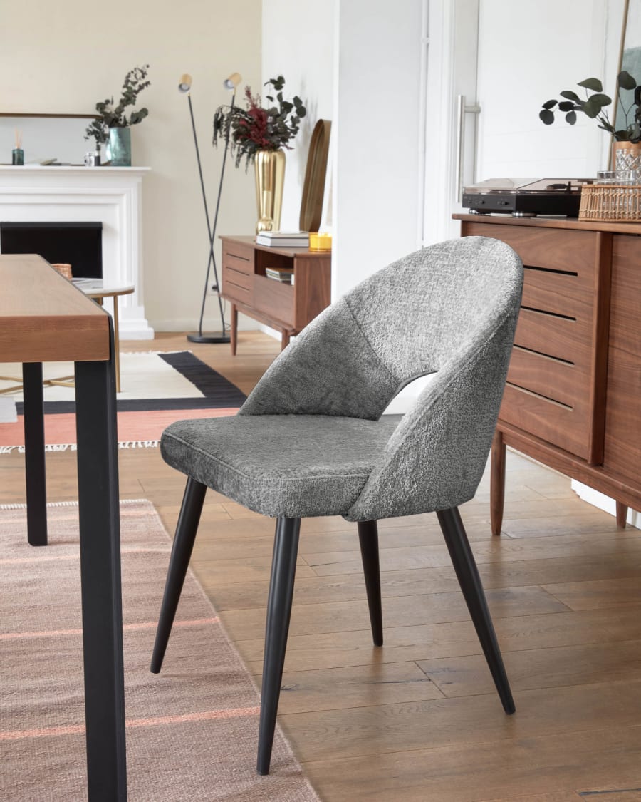 Grey chenille Mael chair with steel legs with black finish