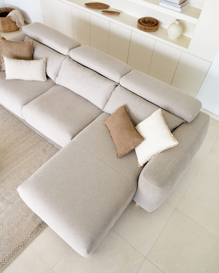 Singa 3 seater sofa with right-hand chaise longue, reclining headrest and extendable seat in beige 296 cm FSC Mix Credit