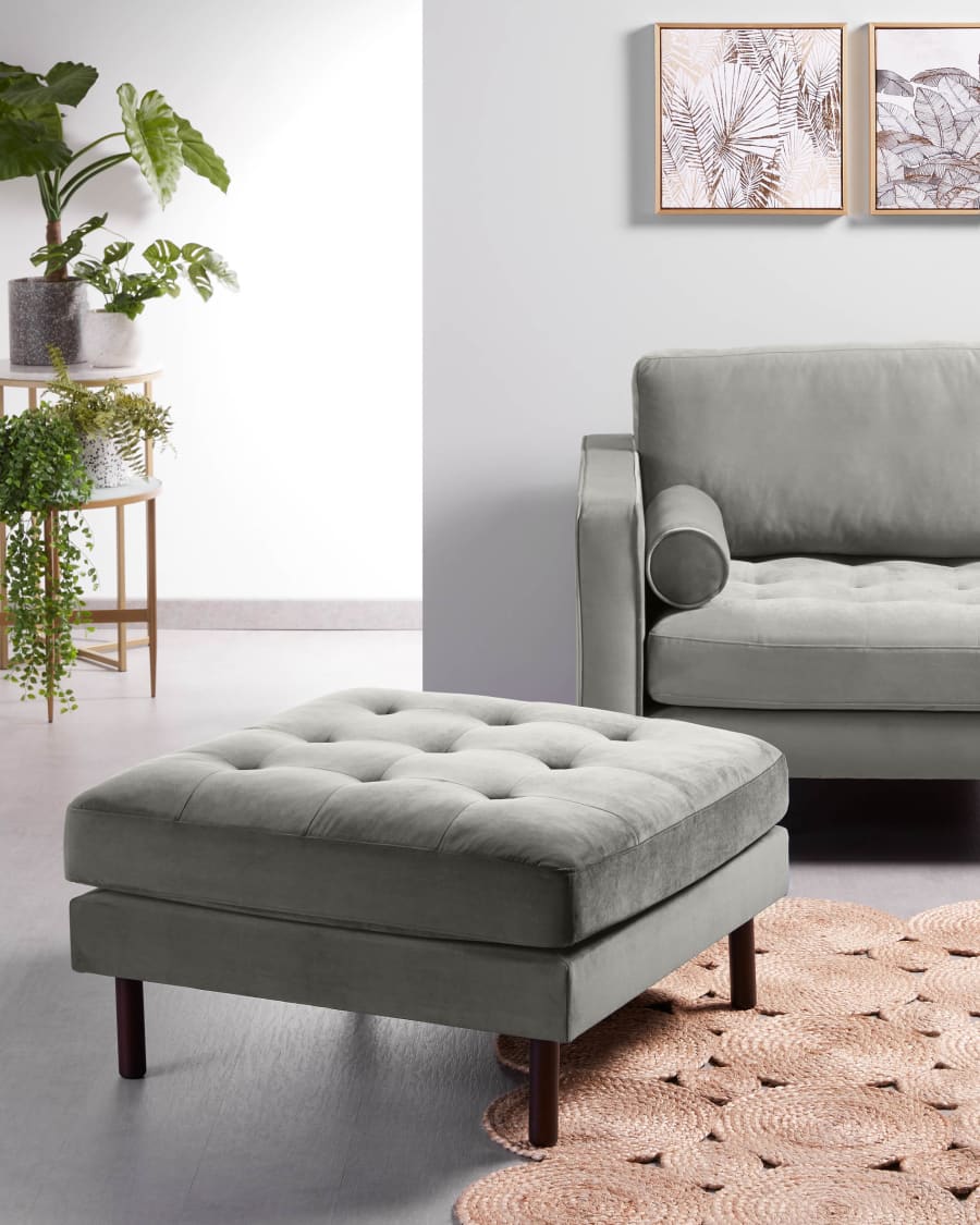 Debra footrest in grey velvet, 80 x 80 cm