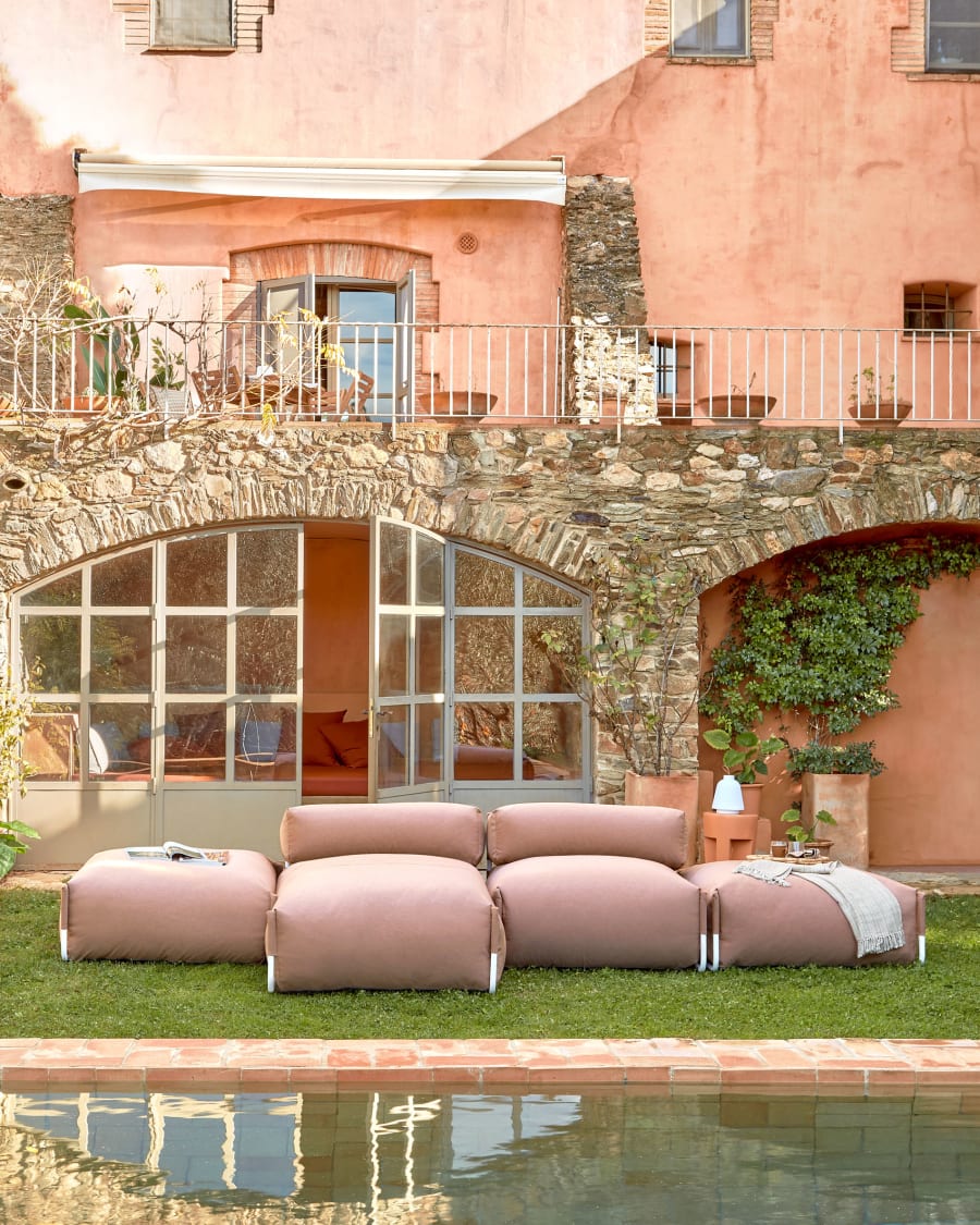 Square modular 100% outdoor sofa pouffe in terracotta with white aluminium, 101 x 101 cm