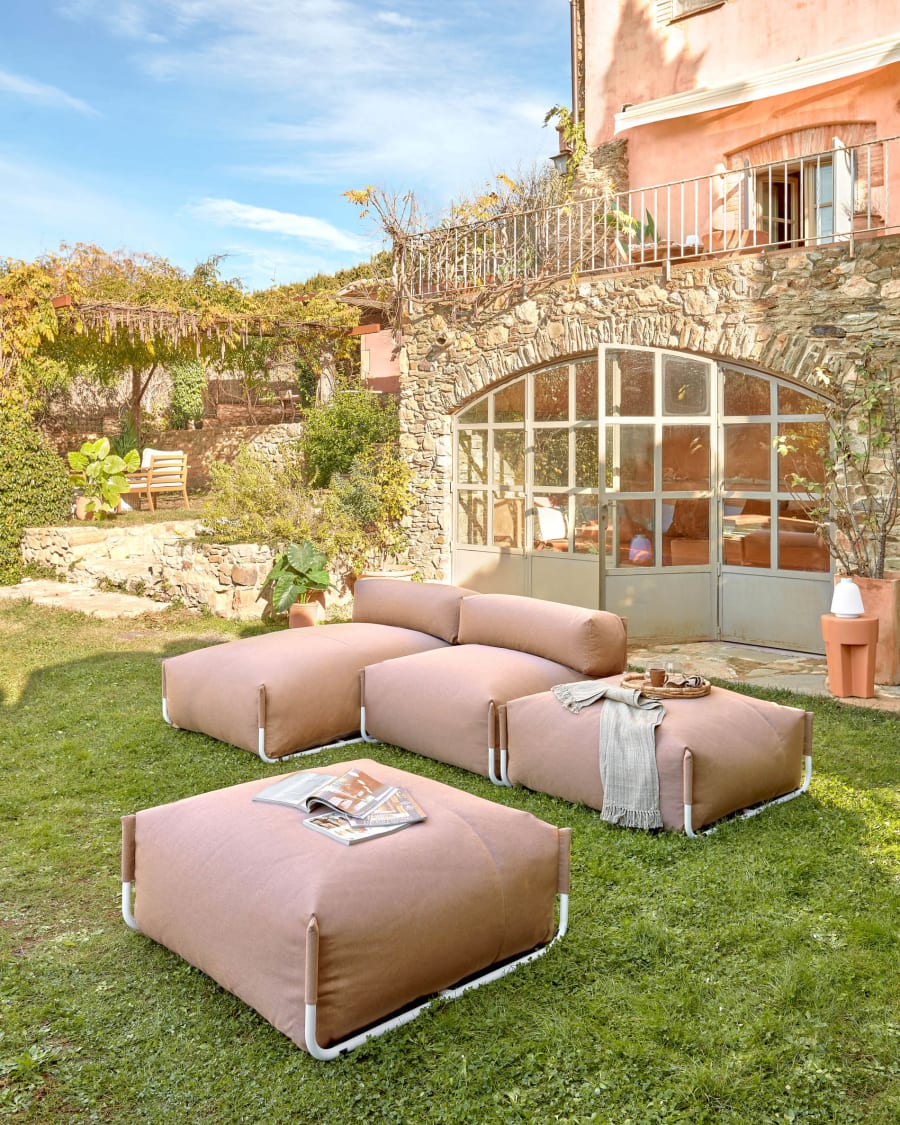 Square modular 100% outdoor sofa pouffe in terracotta with white aluminium, 101 x 101 cm
