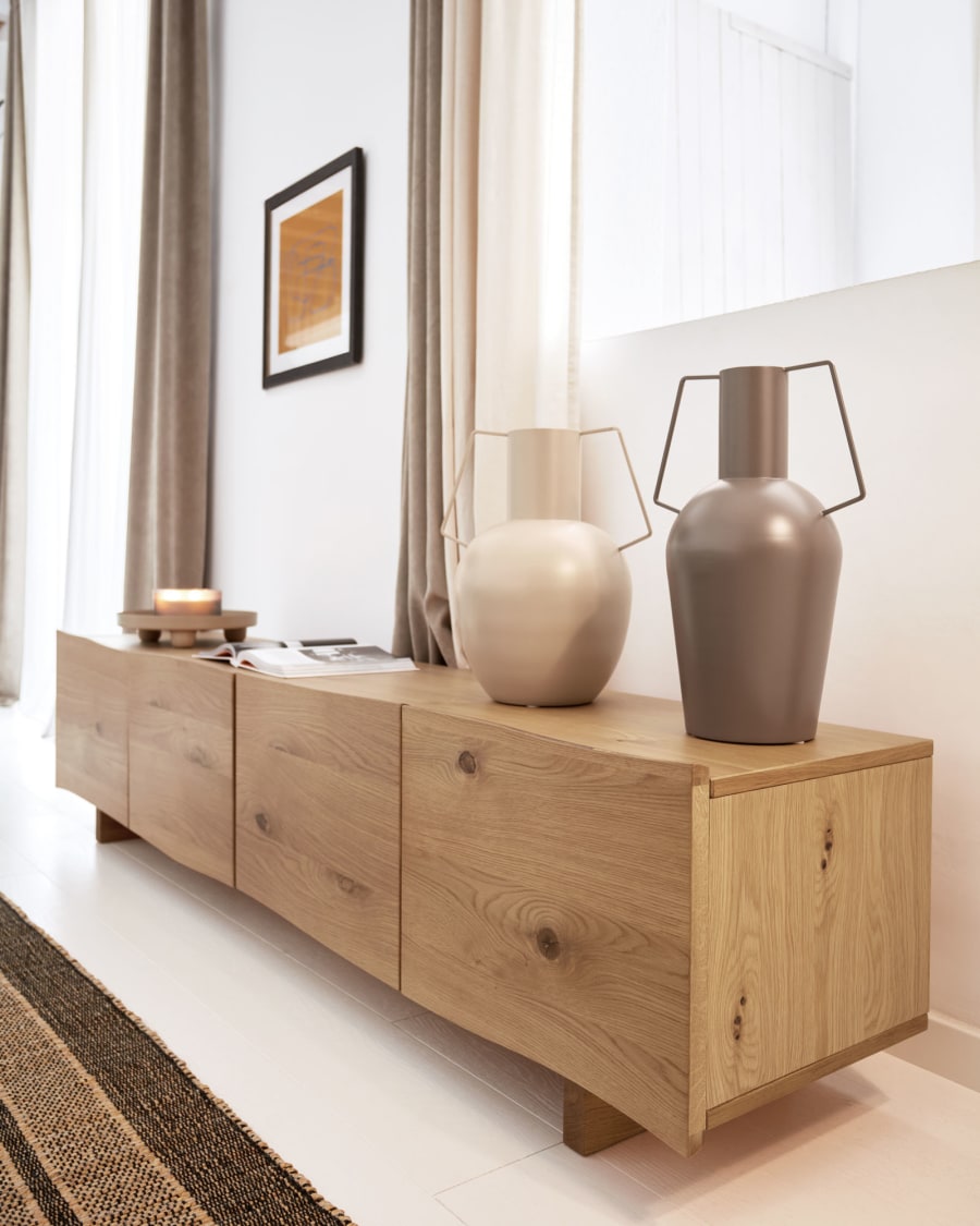 Rasha 4 door TV stand in oak veneer with natural finish, 200 x 45 cm