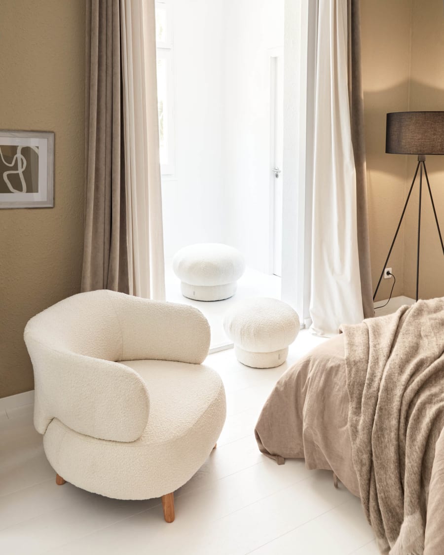Luisa white bouclé armchair with solid rubber wood legs.