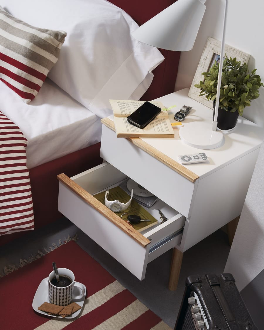 Mesita de noche Melan con lacado blanco y madera maciza de caucho 40 x 50 cm