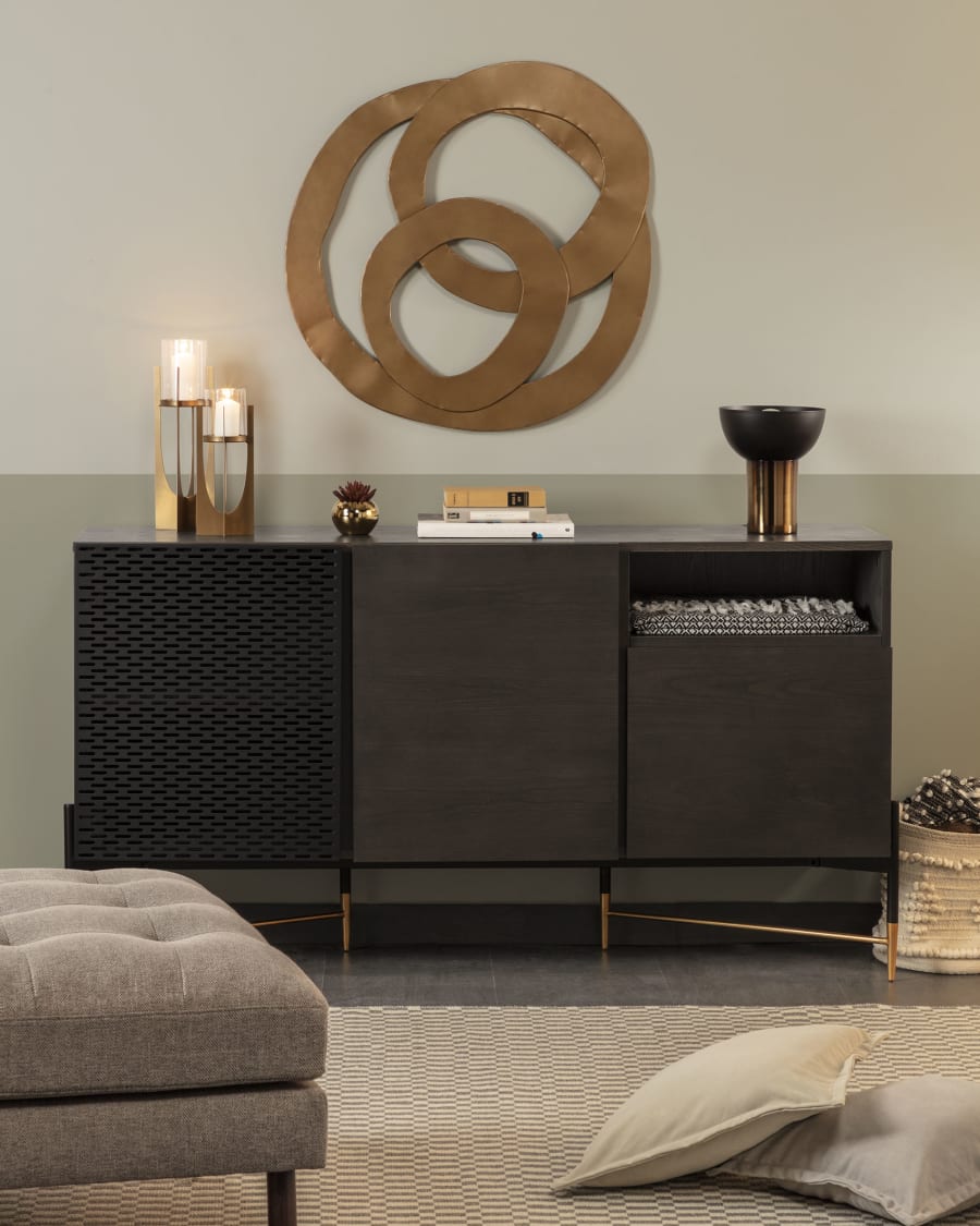 Milian ash wood veneer 3 door sideboard with steel finished in black & gold, 159 x 85 cm