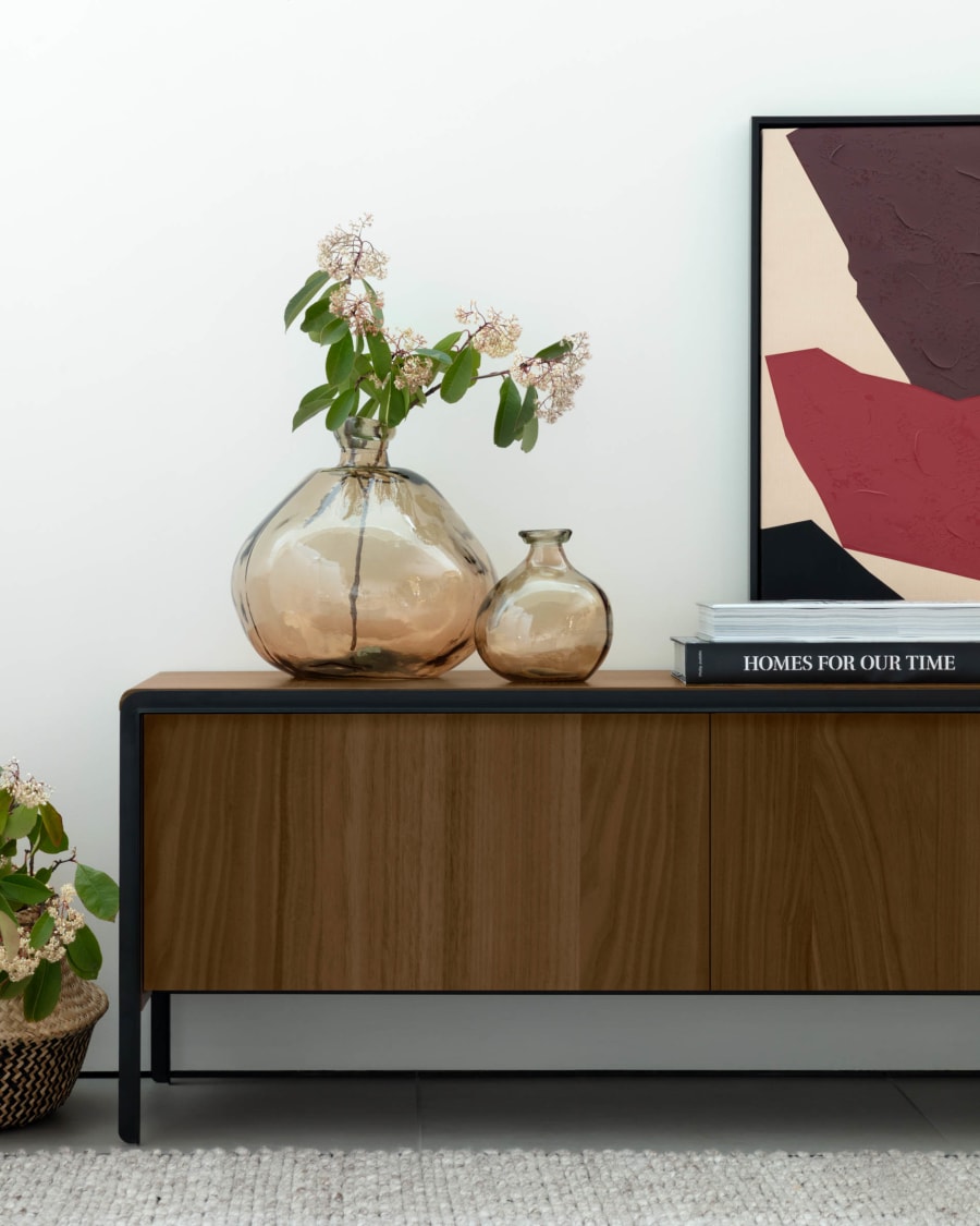 Nadyria walnut wood veneer 3 door TV stand with black finish steel, 180 x 50 cm