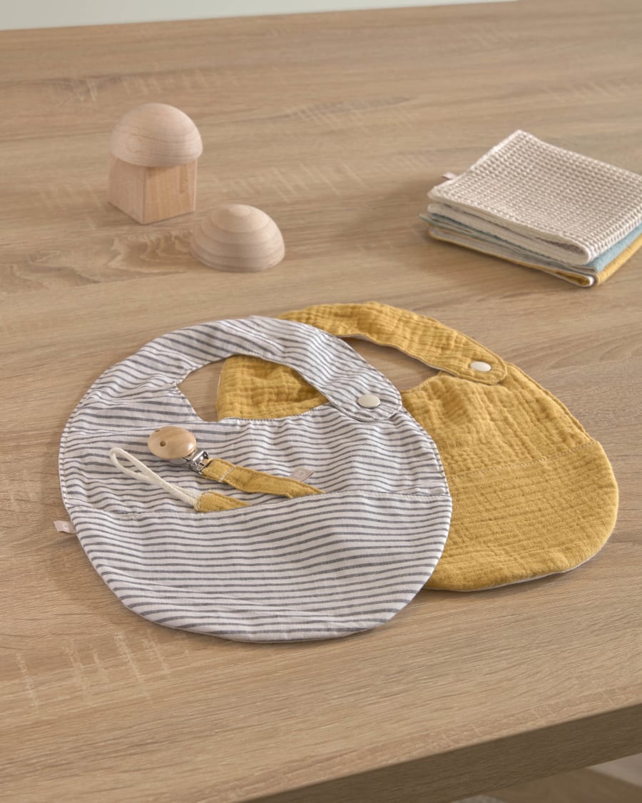 Set Manon de 2 baberos 100% algodón orgánico (GOTS) mostaza y rayas gris