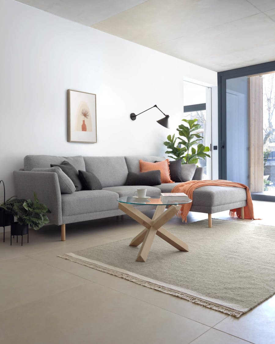 Gilma 3 seater with right/left-hand chaise longue, light grey, natural wood legs, 260 cm