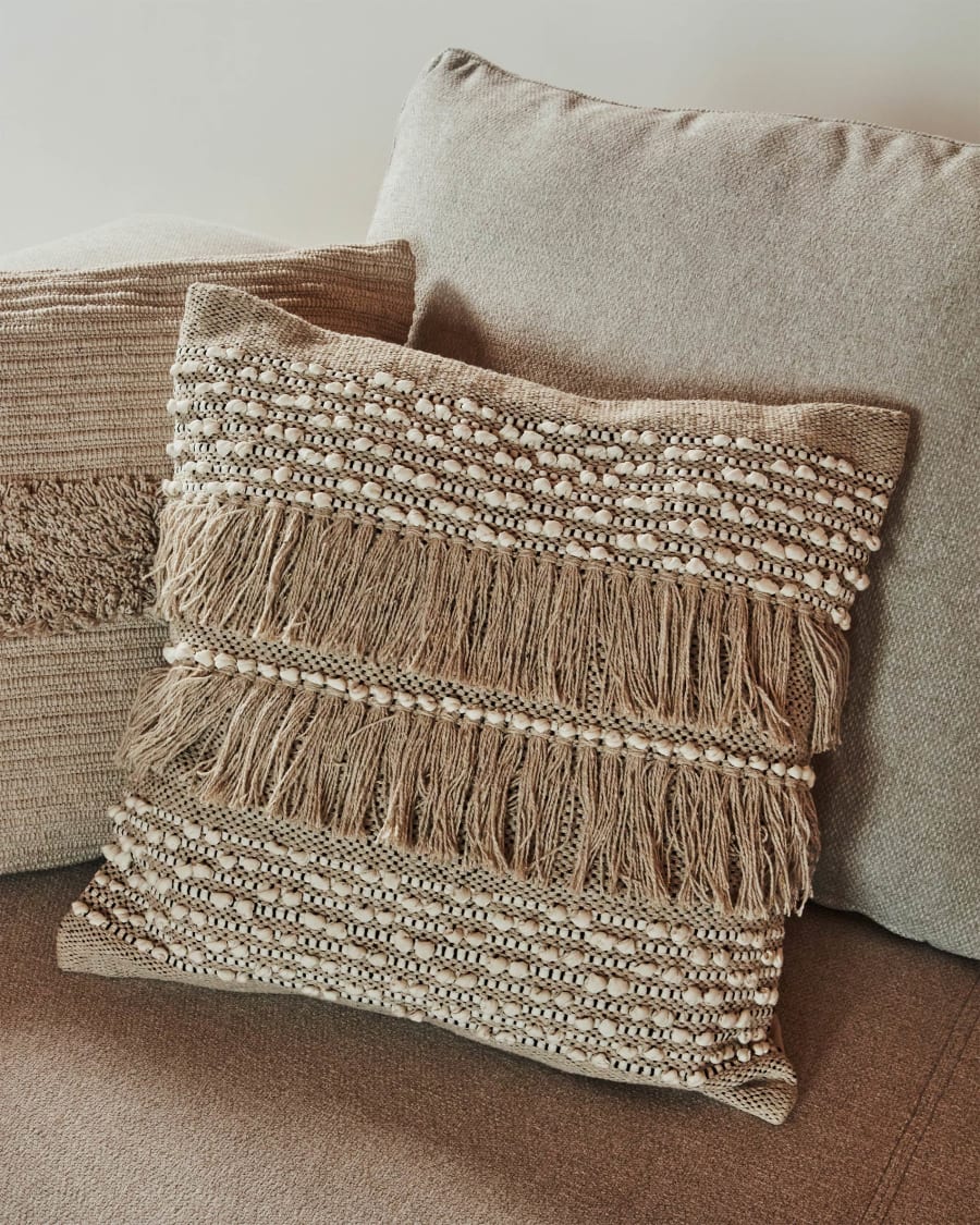 Malvina 100% cotton cushion cover with beige fringe 45 x 45 cm