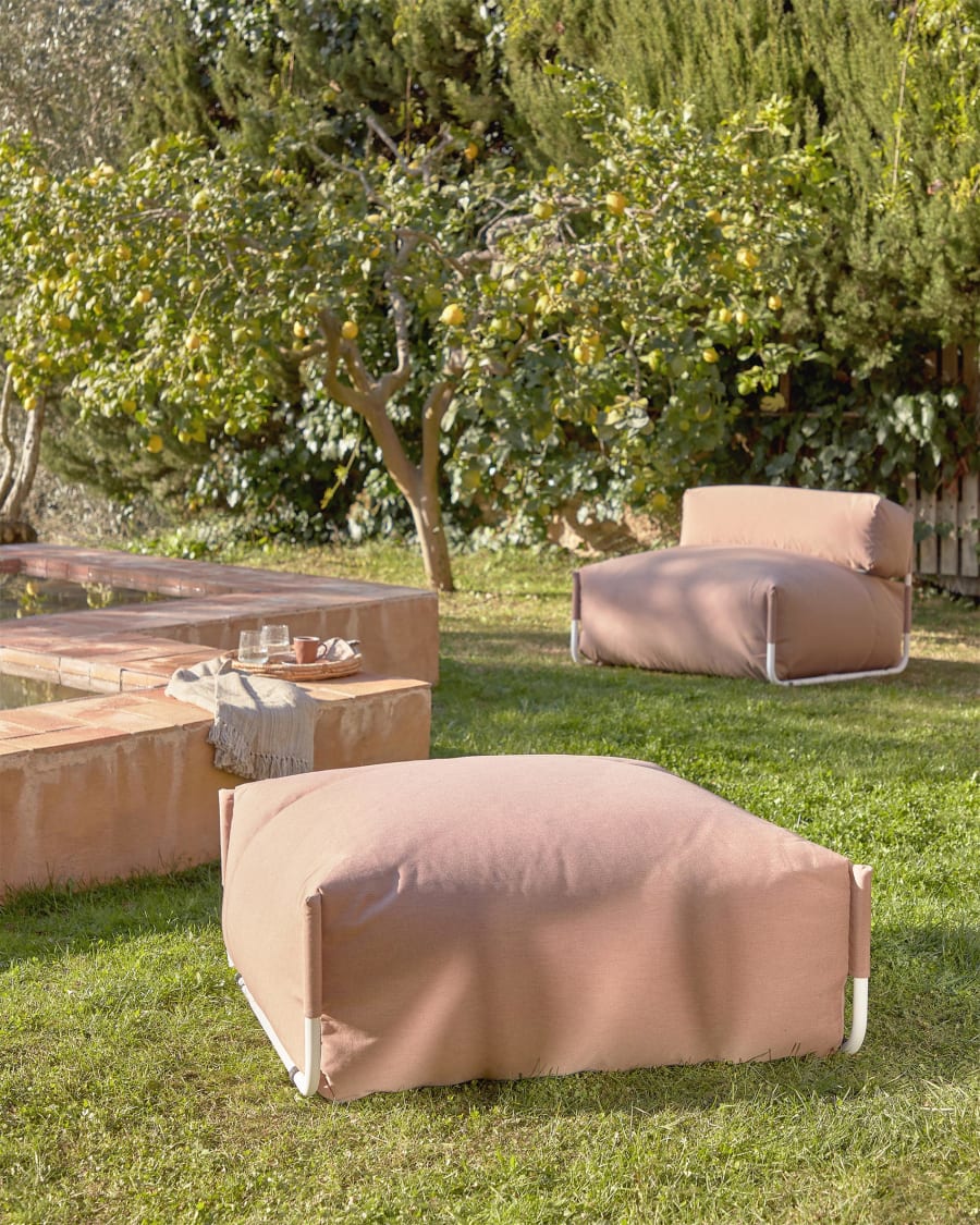 Square modular 100% outdoor sofa pouffe in terracotta with white aluminium, 101 x 101 cm