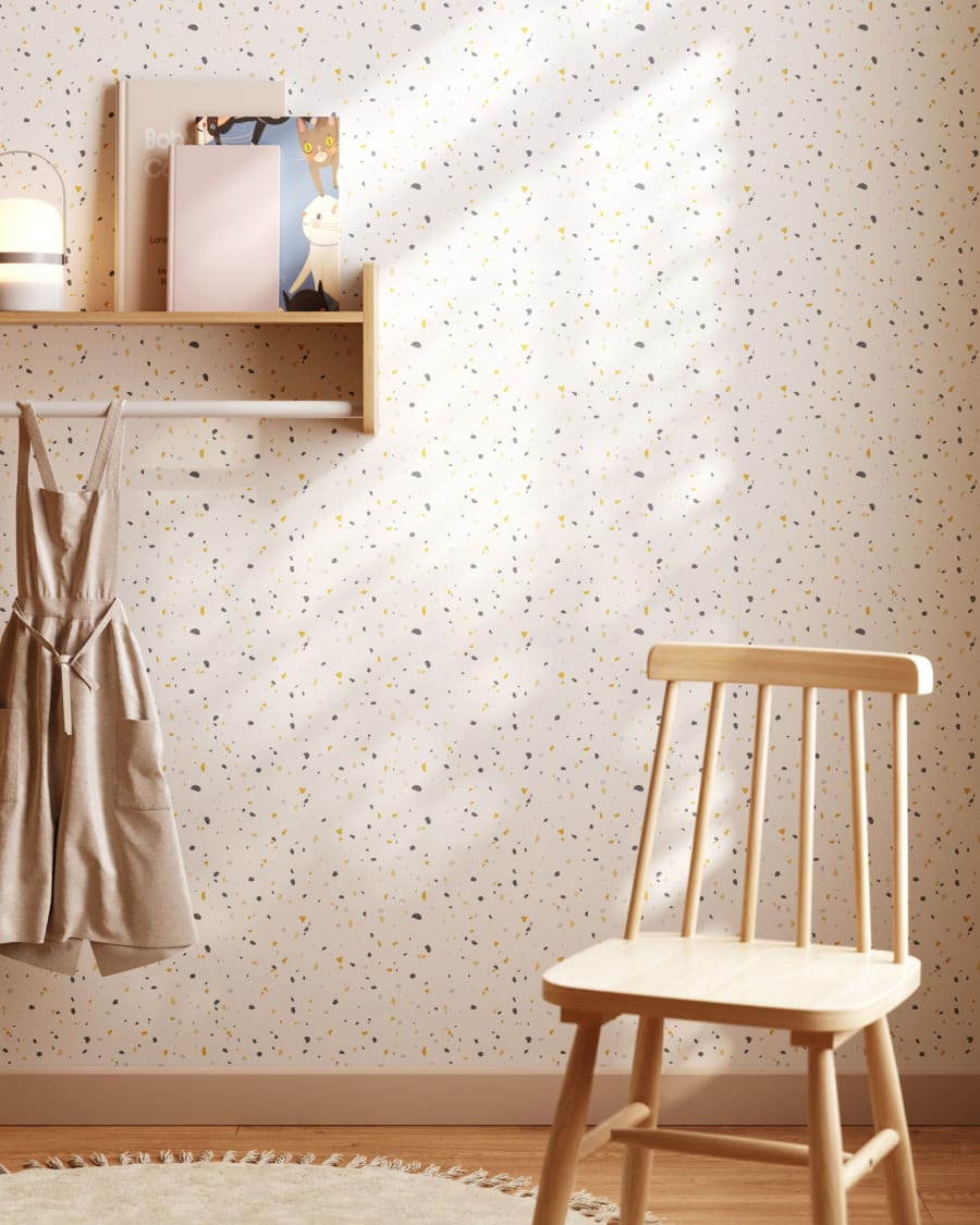 Nerta white wallpaper with blue and mustard terrazzo print 10 x 0.53 m FSC MIX Credit