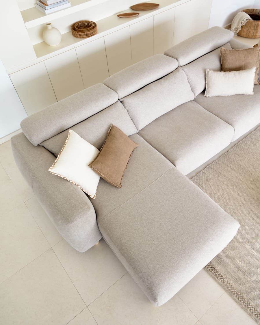 Singa 3 seater sofa with left-hand chaise longue, reclining headrest and extendable seat in beige 296 cm FSC Mix Credit