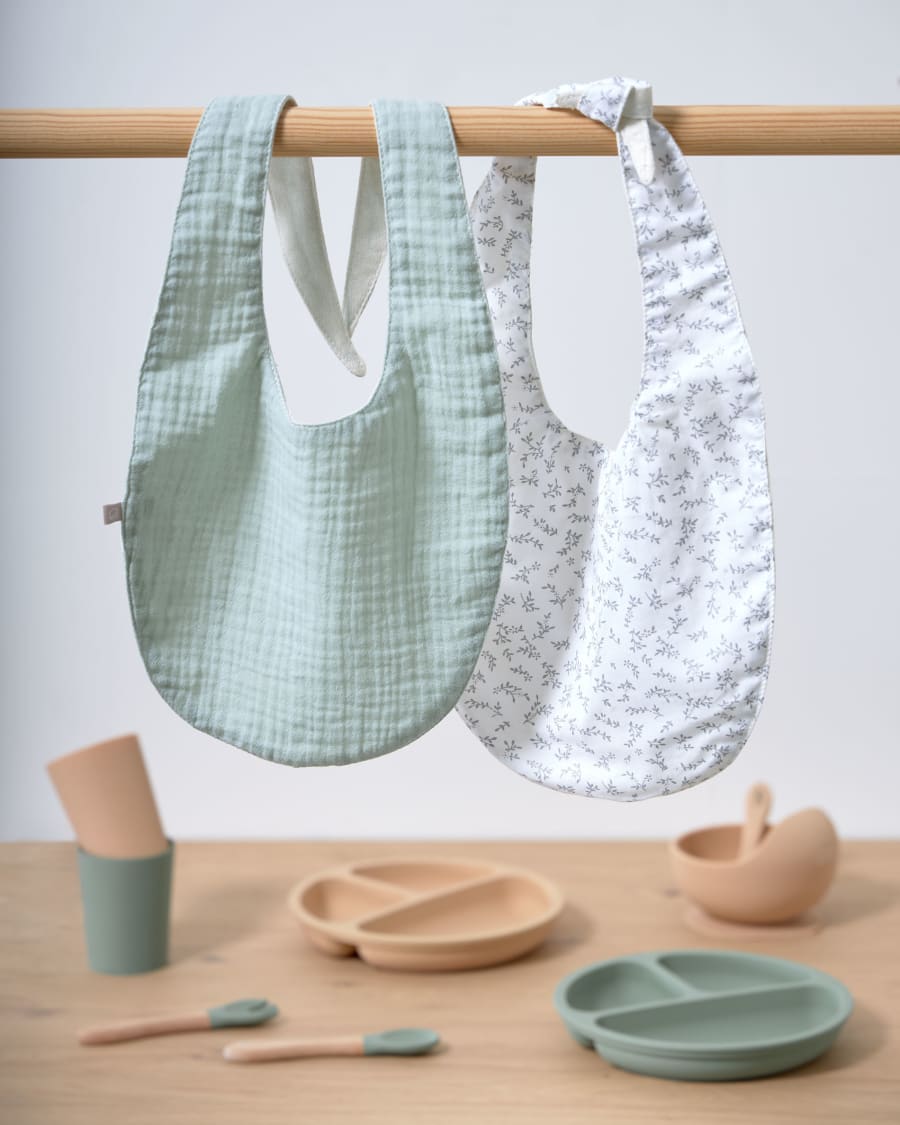 Σετ 2 σαλιάρες Yamile, 100% οργανικό βαμβάκι (GOTS), τυρκουάζ και λευκό με γκρι φύλλα