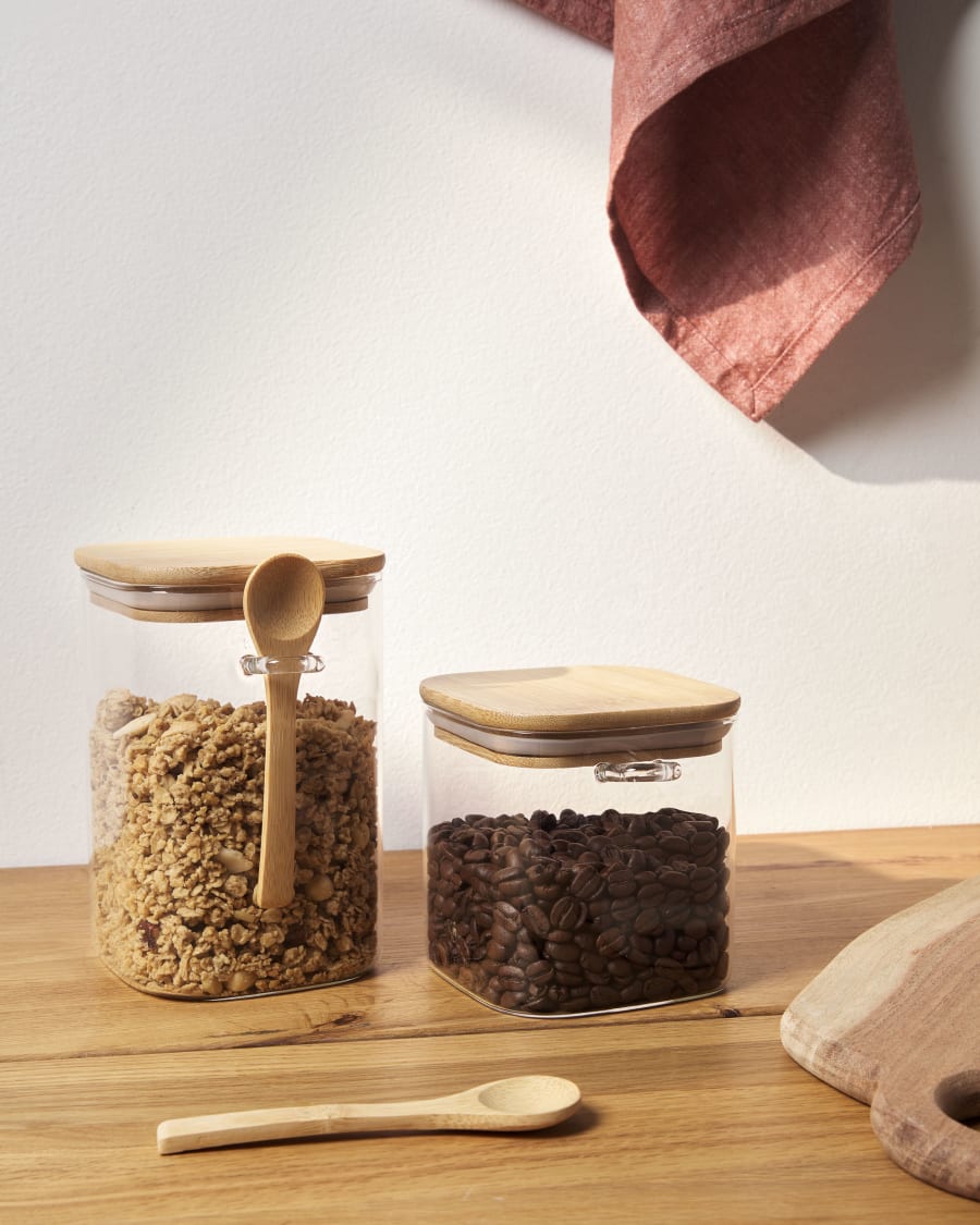 Ilaria small jar with spoon, in transparent glass and bamboo