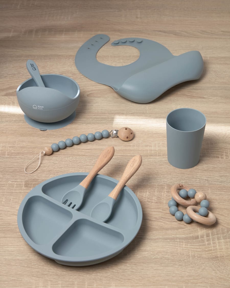 Epiphany plate and cutlery set in blue silicone and wood