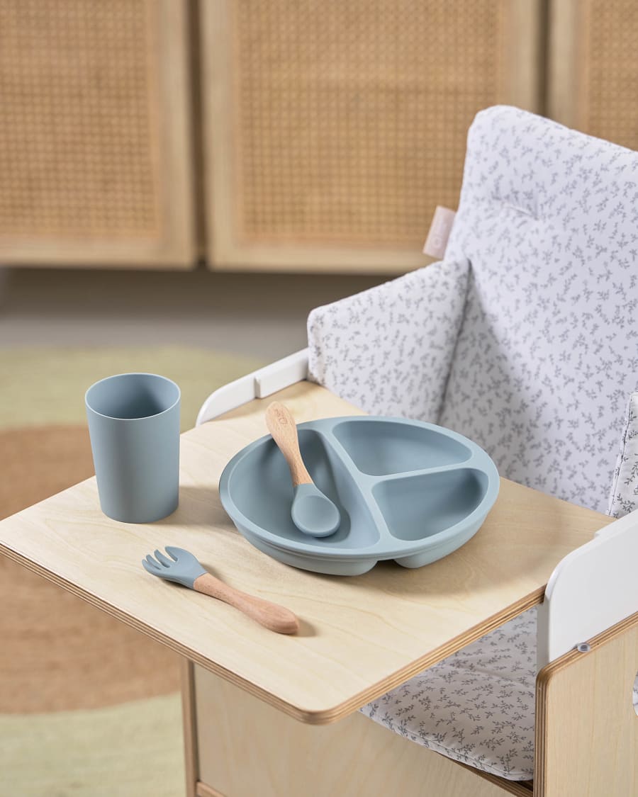 Epiphany plate and cutlery set in blue silicone and wood