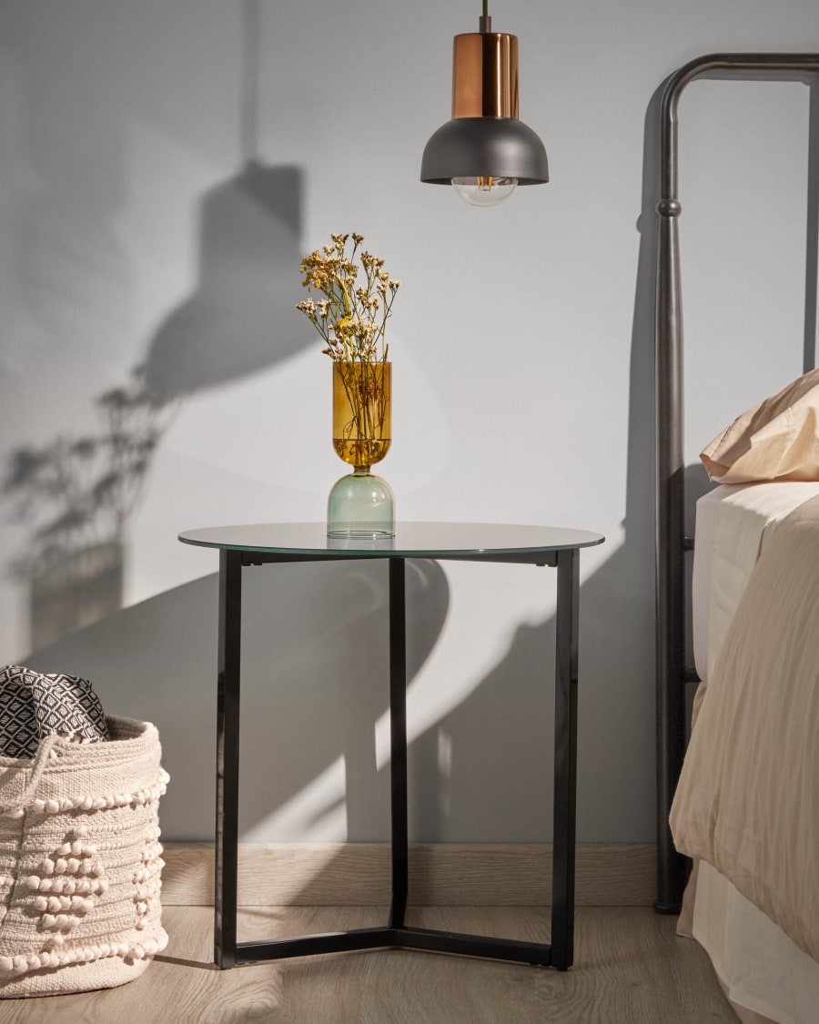 Black Raeam side table made with tempered glass and steel in black finish Ø 50 cm