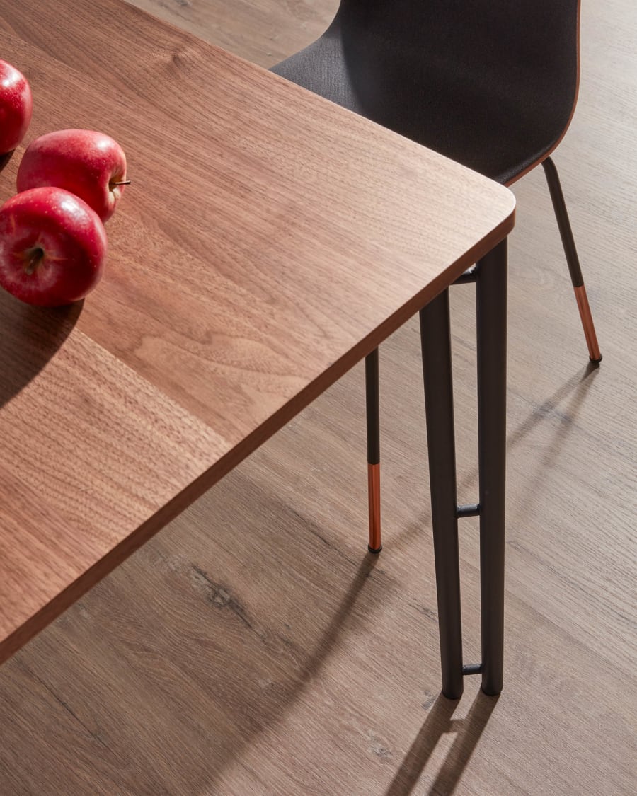 Kesia walnut veneer extendable table and steel legs in a black finish, 160 (220) x 90 cm